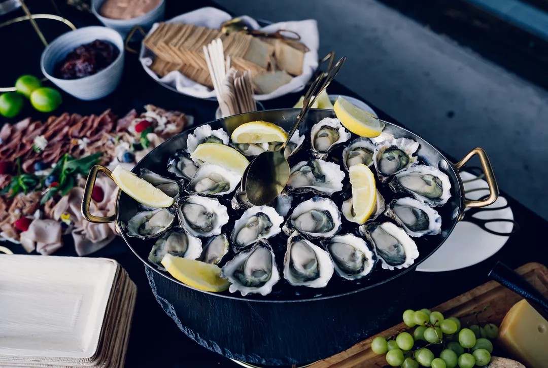 Oyster and seafood station prepared for New Year’s Eve