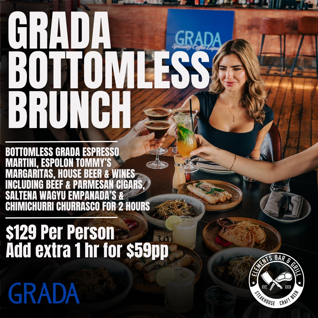 GRADA Bottomless Brunch: bottomless GRADA Espresso Martini, Espolon Tommy's Margaritas, house beer and wines, with beef and parmesan cigars, saltena wagyu empanadas and chimichurri churrasco for 2 hours. $129 per person, add an extra hour for $59 per person.