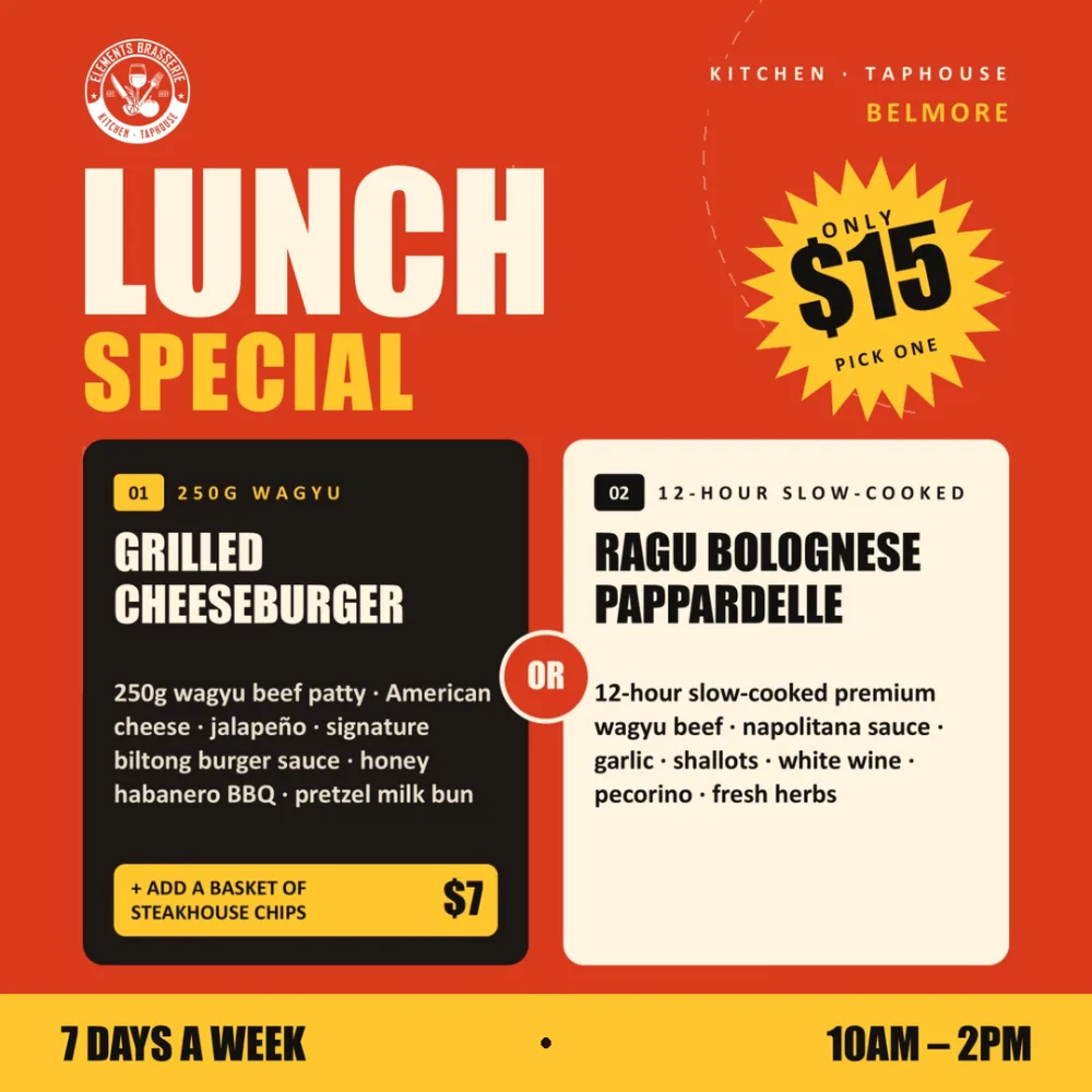 Elements Brasserie Lunch Special: $15 wagyu cheeseburger or ragu bolognese pappardelle, 7 days, 10am to 2pm